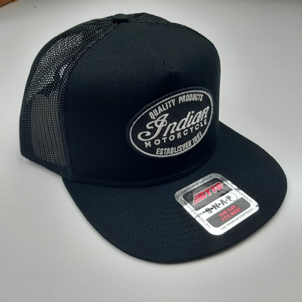 Indian Motorcycle Embroidered Patch Flat Bill Cap Hat Mesh Snapback Black - Picture 3 of 4